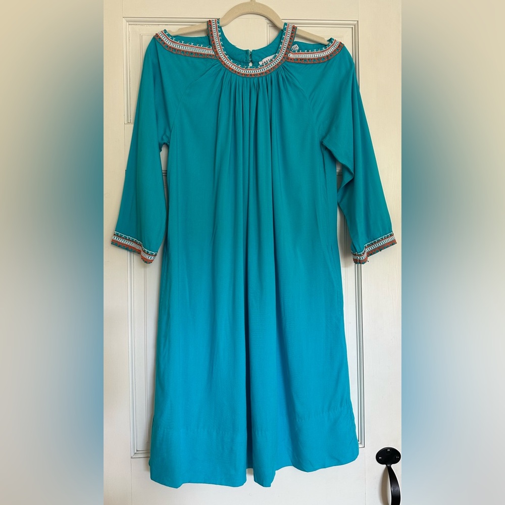 GRETCHEN SCOTT womens S (6) Aphrodite Cold Shoulder DRESS Turquoise BEADED